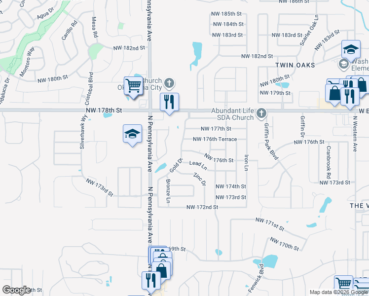 map of restaurants, bars, coffee shops, grocery stores, and more near 1941 Northwest 176th Street in Edmond