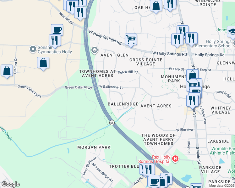 map of restaurants, bars, coffee shops, grocery stores, and more near 200 Beverstone Drive in Holly Springs