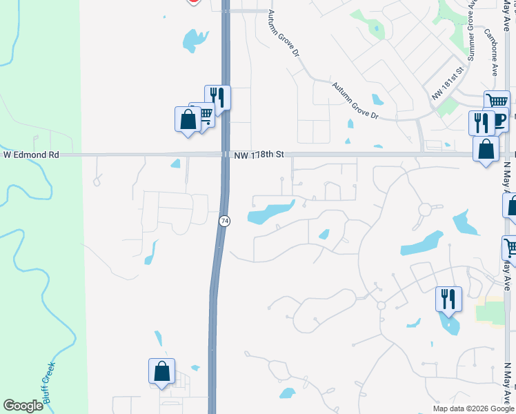 map of restaurants, bars, coffee shops, grocery stores, and more near 17600 Northwest 176th Street in Edmond