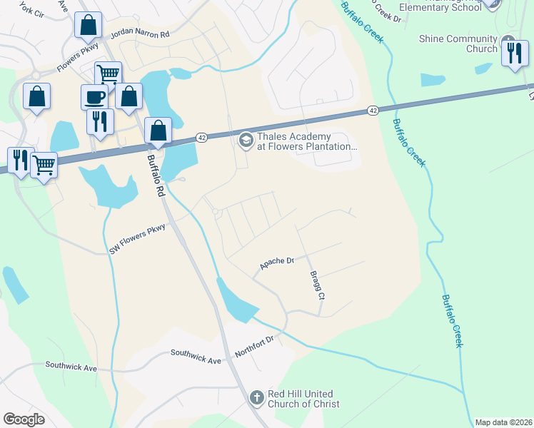 map of restaurants, bars, coffee shops, grocery stores, and more near 327 Bragg Court in Clayton