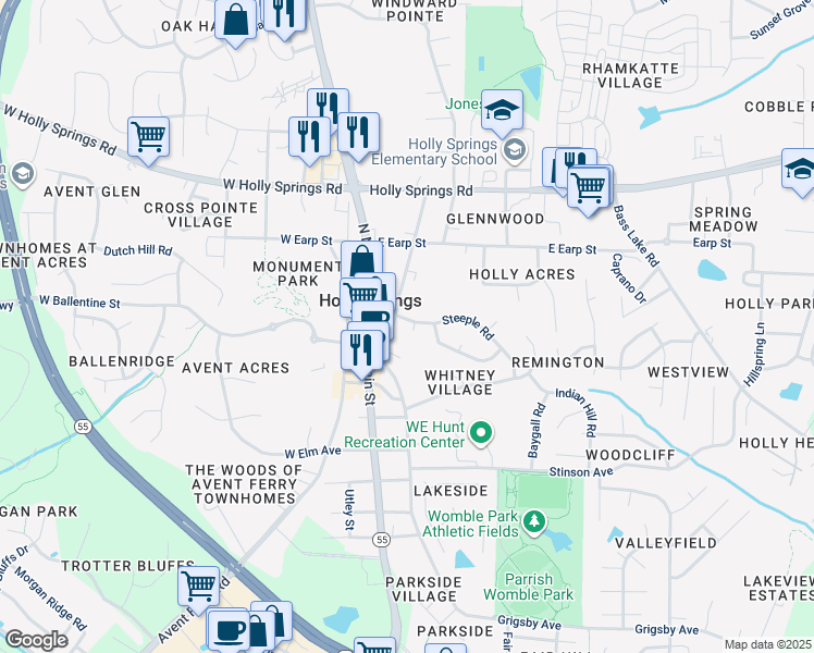 map of restaurants, bars, coffee shops, grocery stores, and more near 400 Vista Springs Circle in Holly Springs