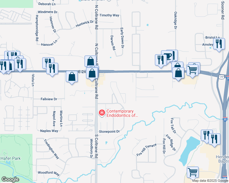map of restaurants, bars, coffee shops, grocery stores, and more near 400 Manner Park Avenue in Edmond