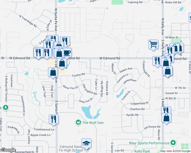 map of restaurants, bars, coffee shops, grocery stores, and more near 1720 Foxfire Road in Edmond
