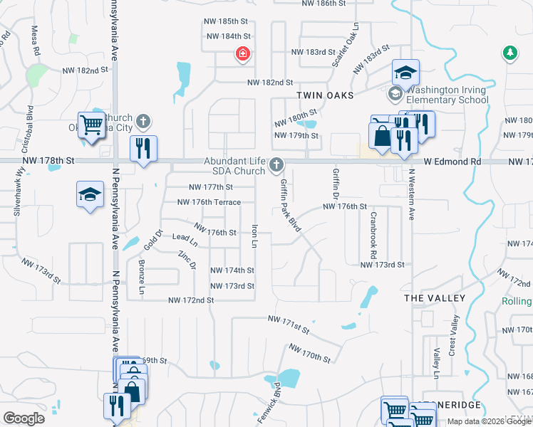 map of restaurants, bars, coffee shops, grocery stores, and more near 17709 Griffin Cove Court in Edmond