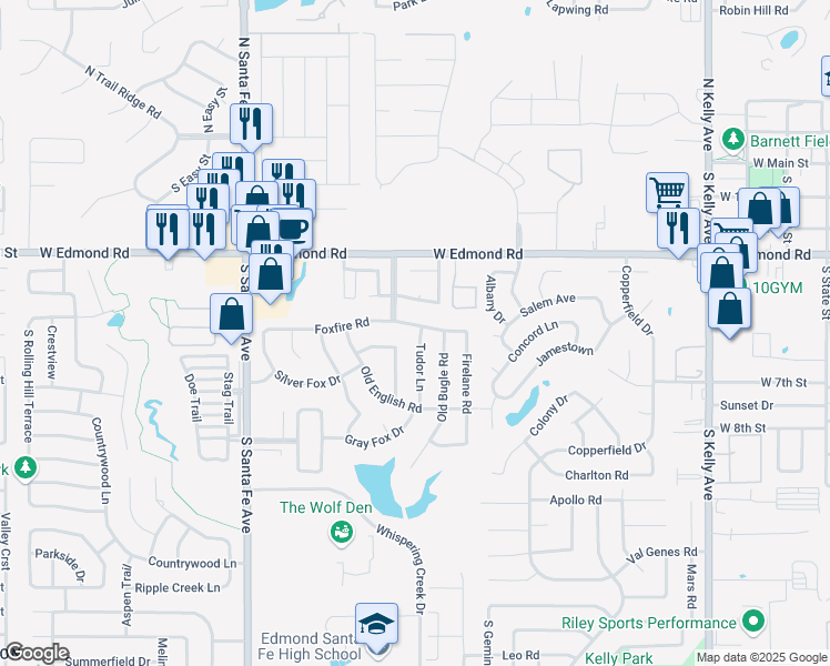 map of restaurants, bars, coffee shops, grocery stores, and more near 1720 Foxfire Road in Edmond