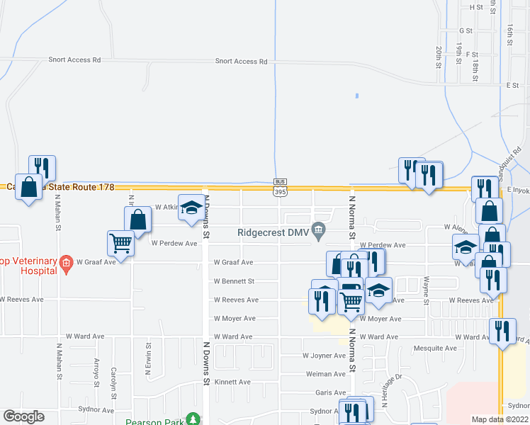 map of restaurants, bars, coffee shops, grocery stores, and more near 713 West Atkins Avenue in Ridgecrest