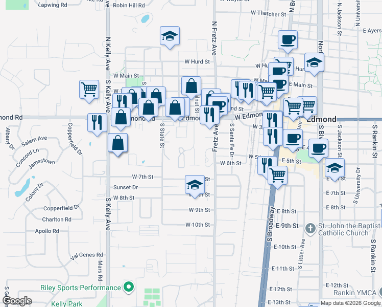 map of restaurants, bars, coffee shops, grocery stores, and more near 400 West Edmond Road in Edmond