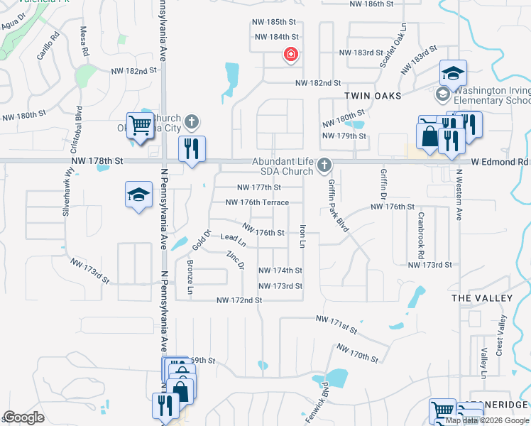 map of restaurants, bars, coffee shops, grocery stores, and more near 1805 NW 176th Pl in Edmond