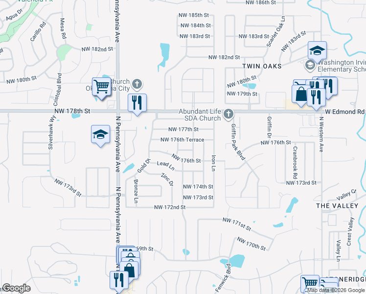 map of restaurants, bars, coffee shops, grocery stores, and more near 1813 Northwest 176th Place in Edmond