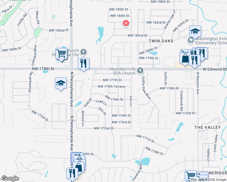 map of restaurants, bars, coffee shops, grocery stores, and more near 1805 Northwest 176th Place in Edmond