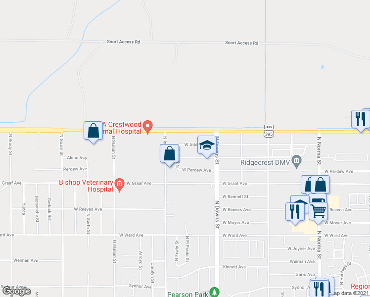 map of restaurants, bars, coffee shops, grocery stores, and more near 1009 West Atkins Avenue in Ridgecrest