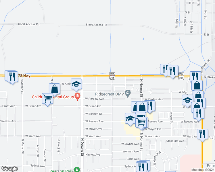 map of restaurants, bars, coffee shops, grocery stores, and more near 709 Atkins Street in Ridgecrest