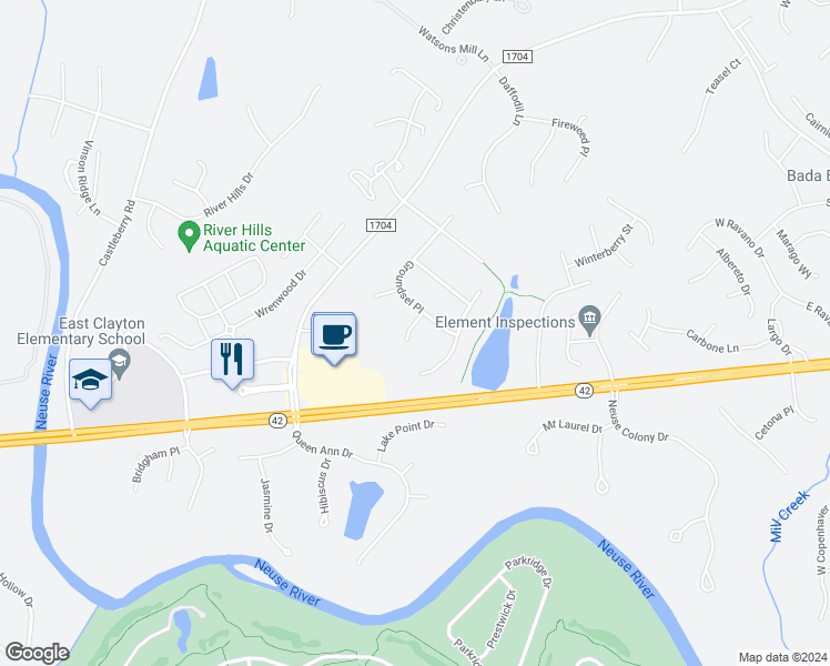 map of restaurants, bars, coffee shops, grocery stores, and more near 111 Silkgrass Way in Clayton