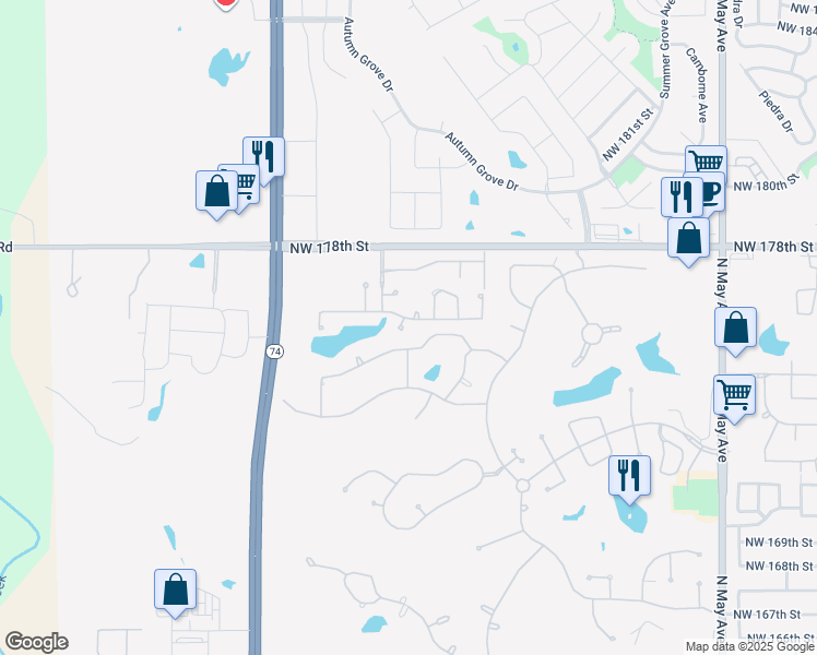 map of restaurants, bars, coffee shops, grocery stores, and more near 3440 Northwest 176th Street in Edmond