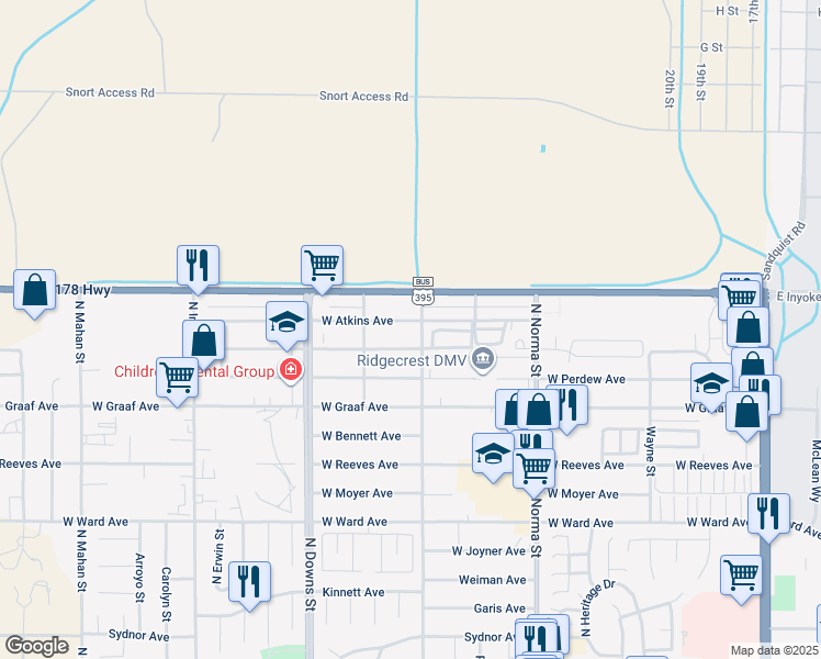 map of restaurants, bars, coffee shops, grocery stores, and more near 709 Atkins Street in Ridgecrest