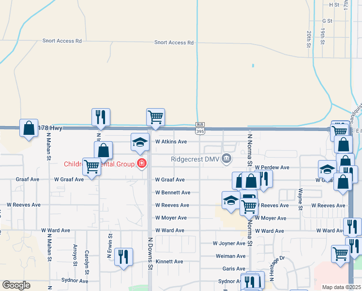 map of restaurants, bars, coffee shops, grocery stores, and more near 737 Atkins Street in Ridgecrest