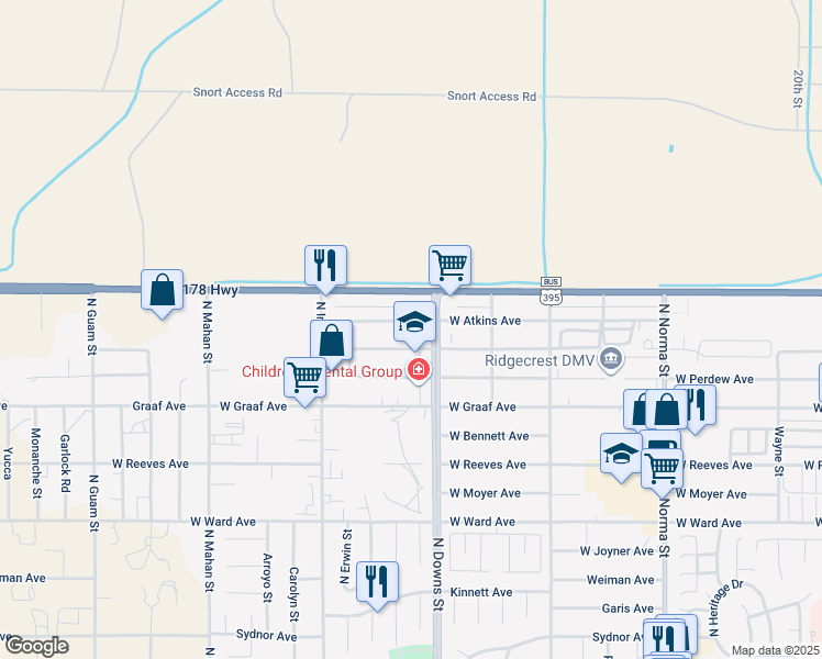 map of restaurants, bars, coffee shops, grocery stores, and more near 921 West Atkins Avenue in Ridgecrest