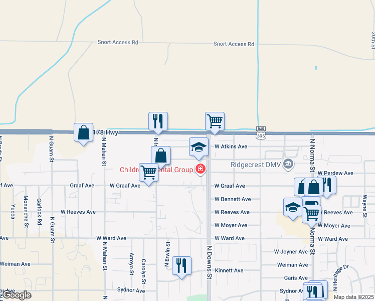 map of restaurants, bars, coffee shops, grocery stores, and more near 1001 Atkins Street in Ridgecrest
