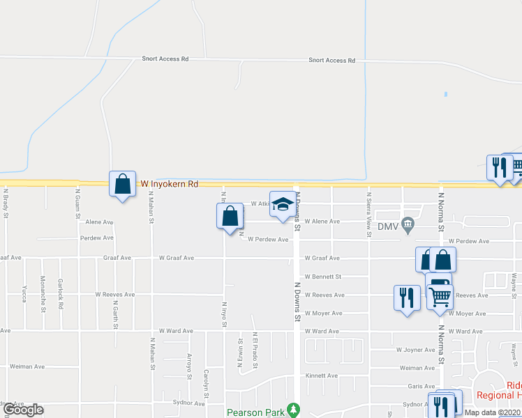 map of restaurants, bars, coffee shops, grocery stores, and more near 1001 Atkins Street in Ridgecrest