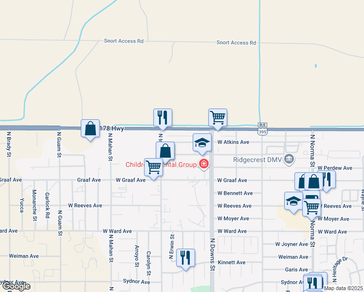 map of restaurants, bars, coffee shops, grocery stores, and more near 1001 Atkins Street in Ridgecrest