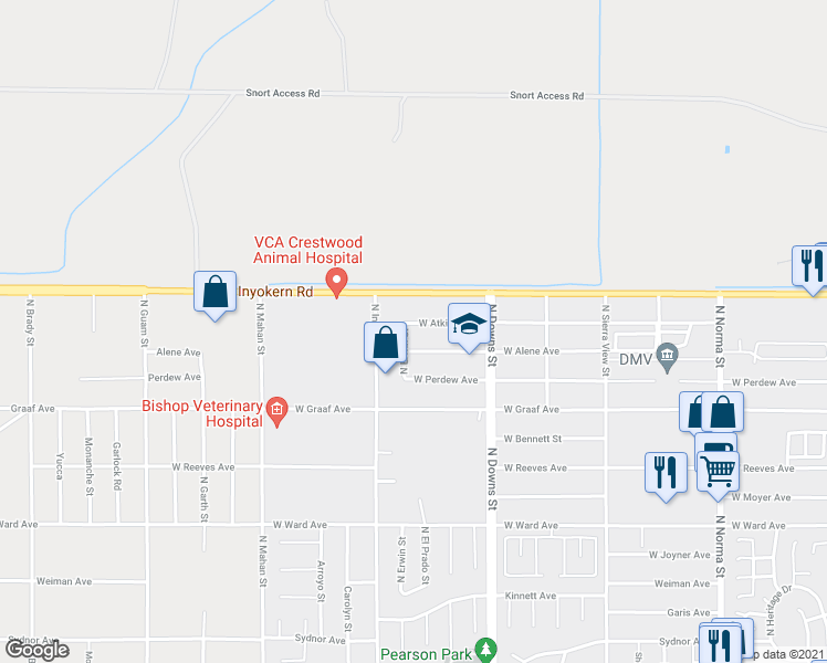map of restaurants, bars, coffee shops, grocery stores, and more near 1001 Atkins Street in Ridgecrest