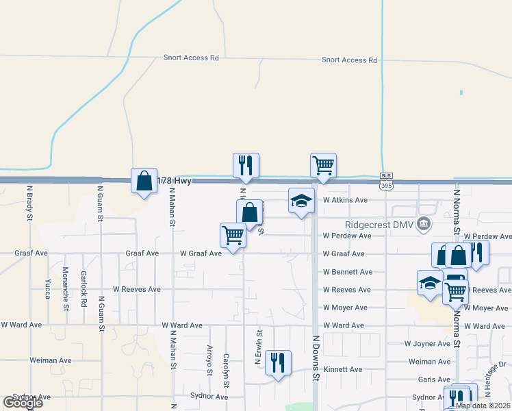 map of restaurants, bars, coffee shops, grocery stores, and more near 1613 North Erwin Street in Ridgecrest