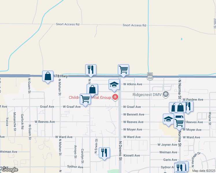 map of restaurants, bars, coffee shops, grocery stores, and more near 933 West Atkins Avenue in Ridgecrest