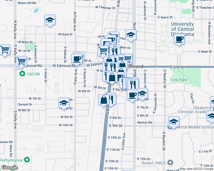 map of restaurants, bars, coffee shops, grocery stores, and more near 421 South Broadway in Edmond