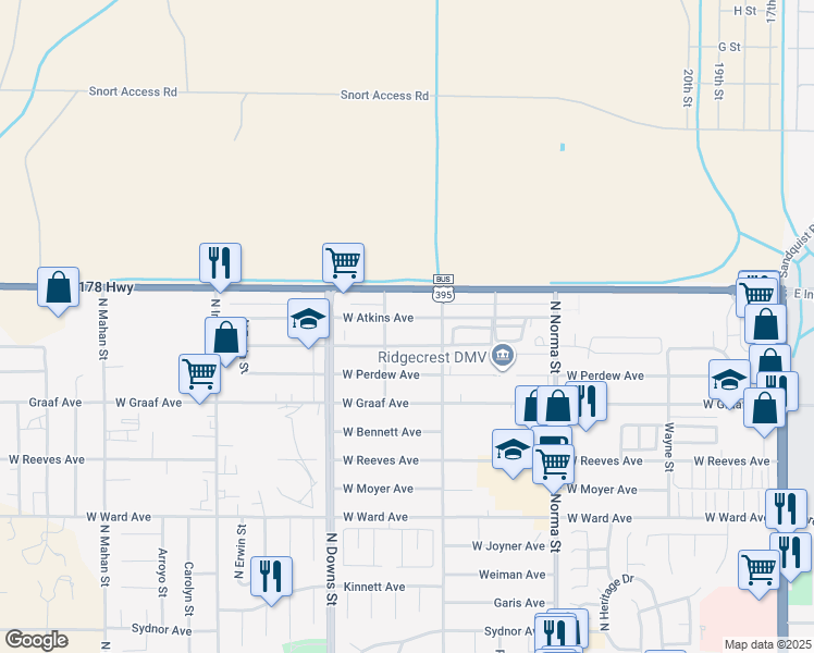 map of restaurants, bars, coffee shops, grocery stores, and more near 725 West Atkins Avenue in Ridgecrest