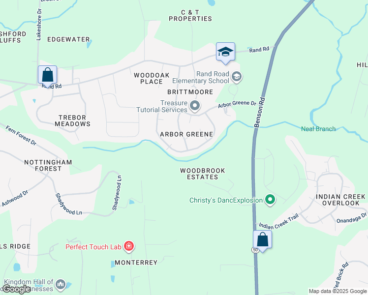 map of restaurants, bars, coffee shops, grocery stores, and more near 136 Garden Retreat Drive in Garner