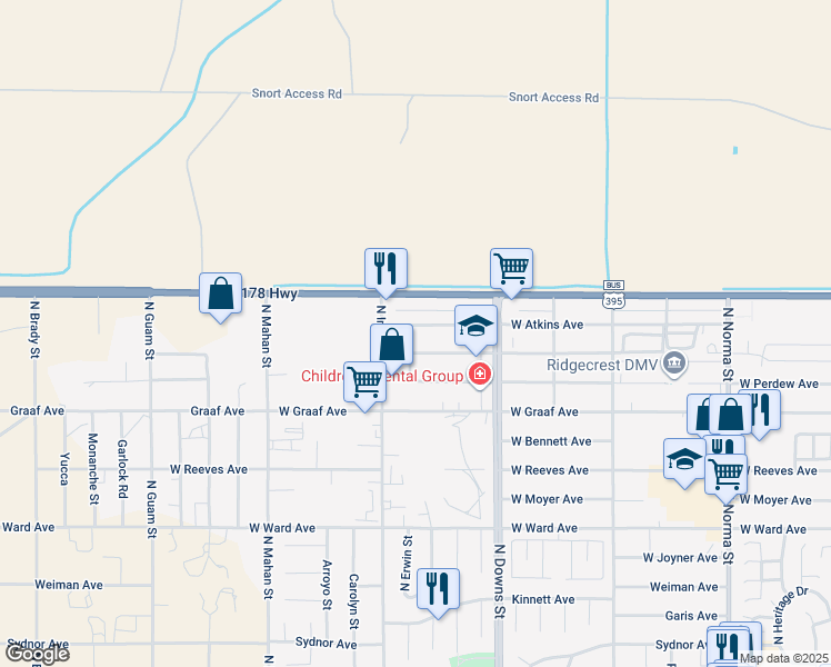 map of restaurants, bars, coffee shops, grocery stores, and more near 1017 West Atkins Avenue in Ridgecrest