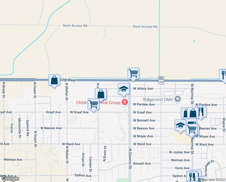map of restaurants, bars, coffee shops, grocery stores, and more near 1001 Atkins Street in Ridgecrest