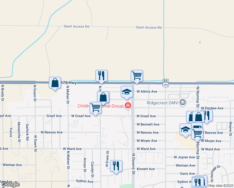 map of restaurants, bars, coffee shops, grocery stores, and more near 941 West Atkins Avenue in Ridgecrest