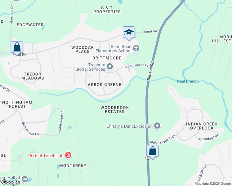 map of restaurants, bars, coffee shops, grocery stores, and more near 1232 Arbor Greene Drive in Garner