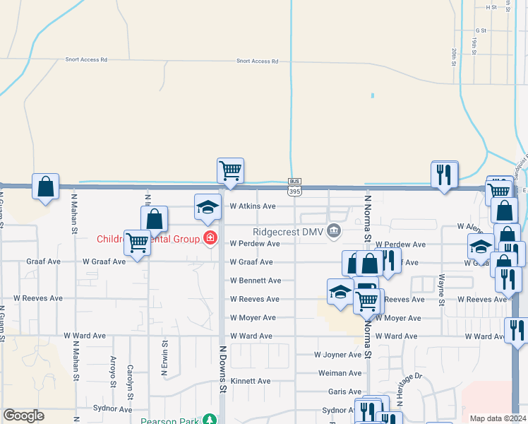 map of restaurants, bars, coffee shops, grocery stores, and more near 733 West Atkins Avenue in Ridgecrest