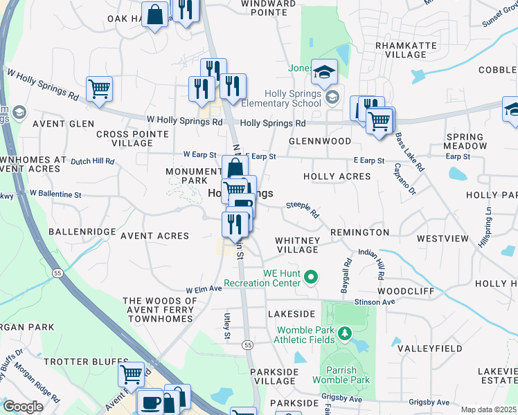 map of restaurants, bars, coffee shops, grocery stores, and more near 100 Steeple Road in Holly Springs