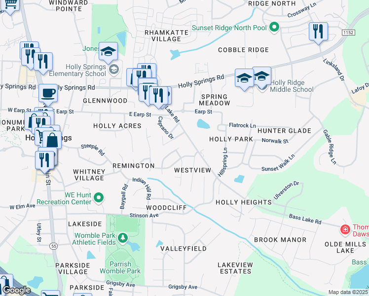 map of restaurants, bars, coffee shops, grocery stores, and more near 305 Peakhill Road in Holly Springs