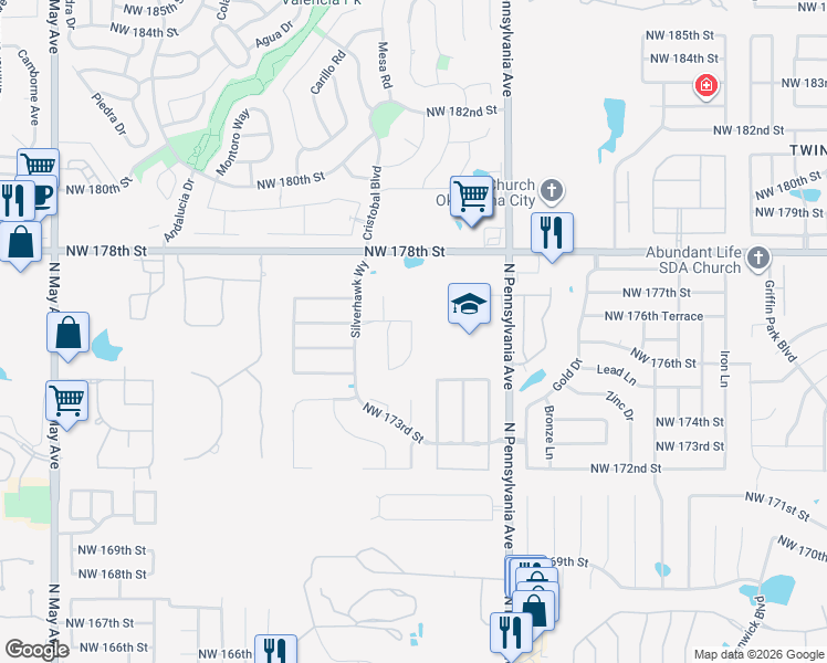 map of restaurants, bars, coffee shops, grocery stores, and more near 17612 Red Tailed Hawk Way in Edmond