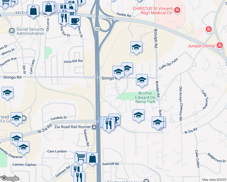 map of restaurants, bars, coffee shops, grocery stores, and more near 1800 La Salle Circle in Santa Fe