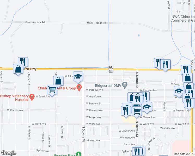 map of restaurants, bars, coffee shops, grocery stores, and more near 737 West Atkins Avenue in Ridgecrest