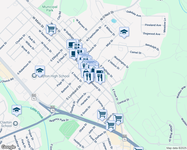 map of restaurants, bars, coffee shops, grocery stores, and more near 131 North Lombard Street in Clayton
