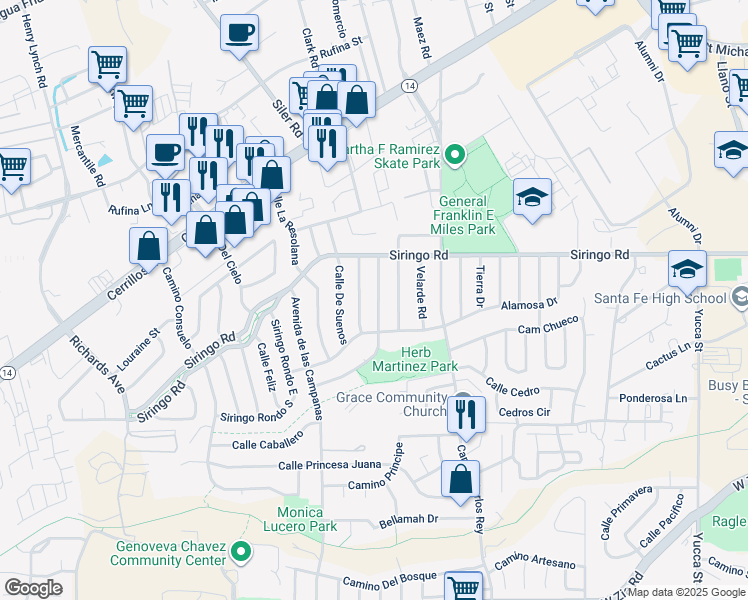 map of restaurants, bars, coffee shops, grocery stores, and more near 1010 Camino del Gusto in Santa Fe