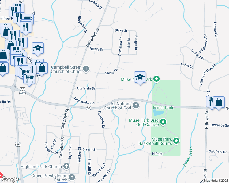 map of restaurants, bars, coffee shops, grocery stores, and more near 124 Alta Vista Drive in Jackson