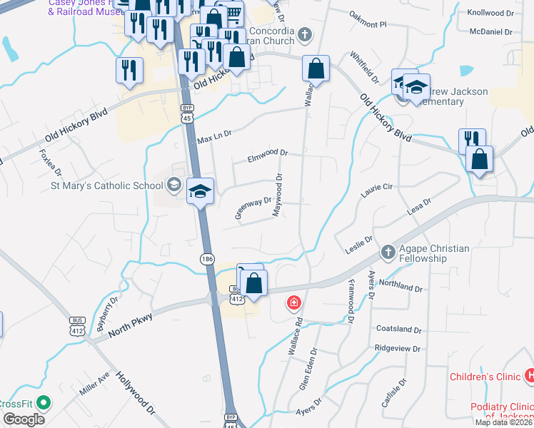 map of restaurants, bars, coffee shops, grocery stores, and more near 107 Maywood Drive in Jackson
