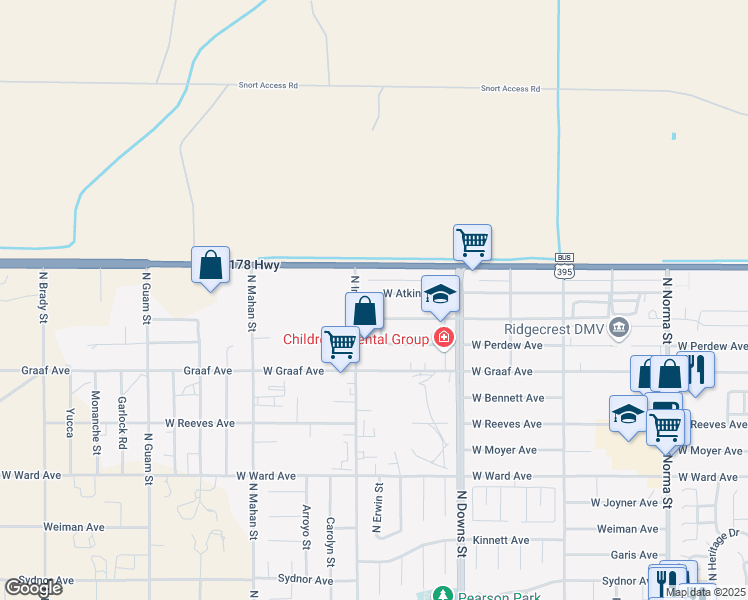 map of restaurants, bars, coffee shops, grocery stores, and more near 1613 North Erwin Street in Ridgecrest
