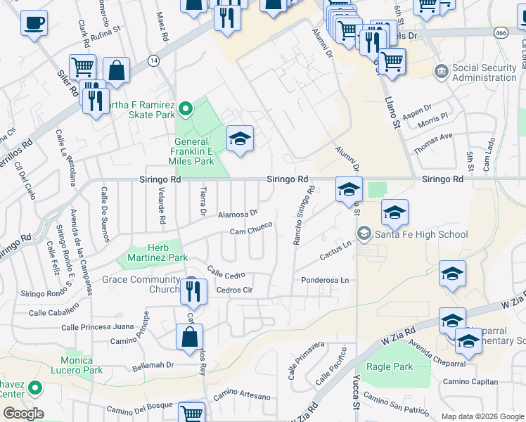 map of restaurants, bars, coffee shops, grocery stores, and more near 2602 Alamosa Drive in Santa Fe