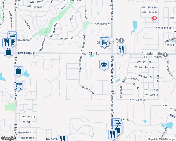 map of restaurants, bars, coffee shops, grocery stores, and more near 17612 Black Hawk Drive in Edmond