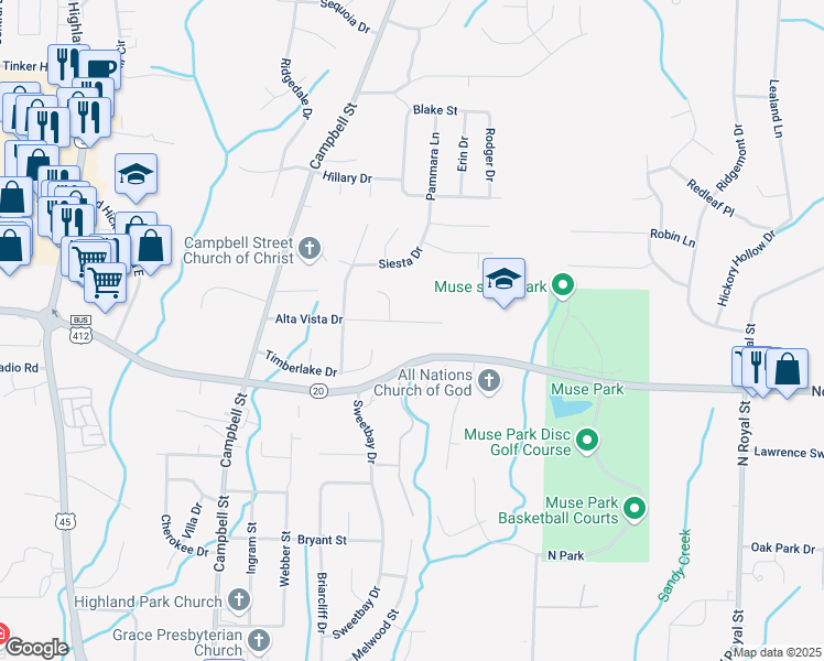 map of restaurants, bars, coffee shops, grocery stores, and more near 124 Alta Vista Drive in Jackson