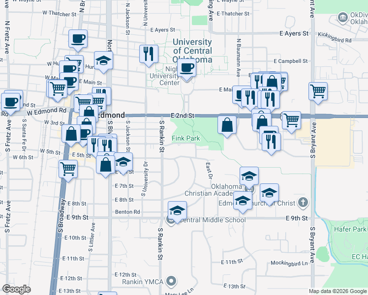 map of restaurants, bars, coffee shops, grocery stores, and more near 610 Park Place in Edmond