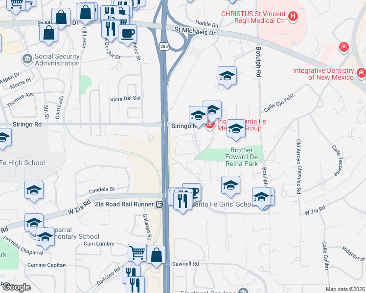 map of restaurants, bars, coffee shops, grocery stores, and more near 2210 Miguel Chavez Road in Santa Fe